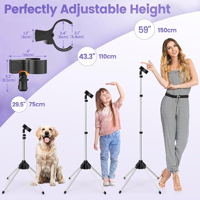 Adjustable Hair Dryer Stand, 29-59 Inch Hair Dryer Holder with Tripod and Universal Clip, 360-Degree Rotating Blow Dryer Stand for Bathroom, Vanity, Makeup Roo, black