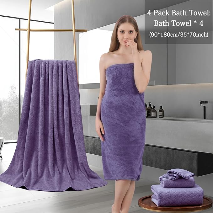 Extra Large Bath Towels Set 35x70 Inches - Luxury 600 GSM Oversized Bath Sheet Towel,Ultra Soft Microfiber - Quick Dry,Highly Absorbent Shower Towels Spa Hotel Bathroom Towel Set (4-Pack,Dark Purple)