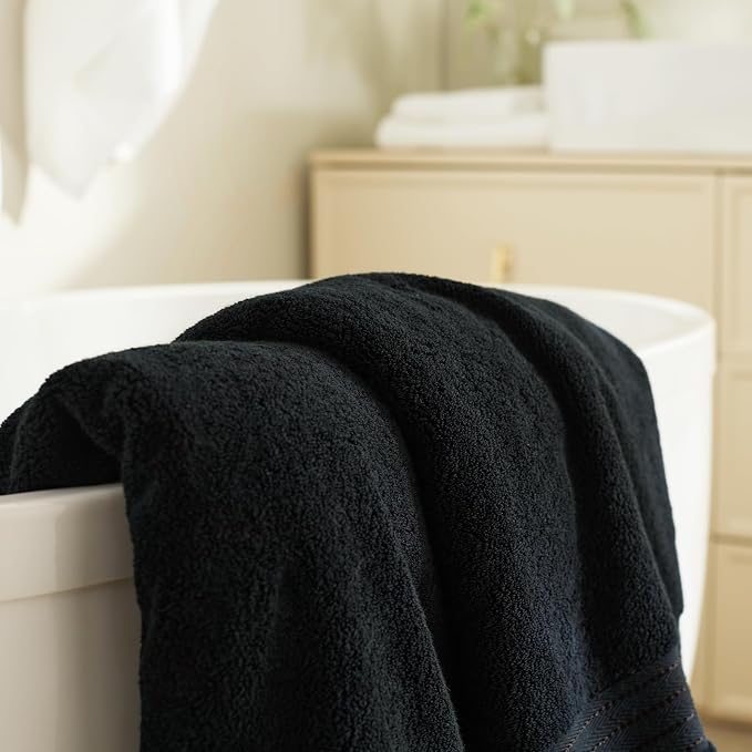 COZYART Luxury Bath Towels 4 PCS, 27x54 650 GSM Turkish Cotton, Black | Zero Twist 100% Ring Spun Cotton, Fluffy, Ultra Soft, Super Absorbent, Quick Dry, Large Towels for Hotel Spa Bathroom Shower