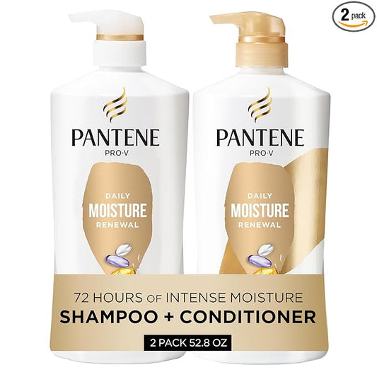 Pantene Shampoo & Conditioner Set, Daily Moisture Renewal - Pro-V Nutrients for Dry, Color-Treated, Straight to Curly Hair, 72-Hour Hydration & Softness, 52.8 Oz Total + Miracle Rescue Shot (0.5 Oz)
