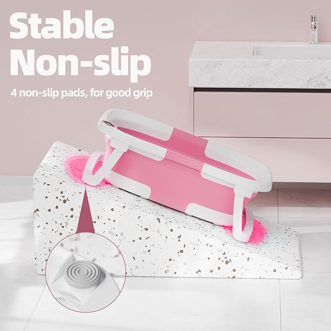 Collapsible Baby Bathtub for Newborn to Toddler, Foldable Infant Bath Tub with Real-Time Thermometer, Removable Soft Bath Cushion & Drain Plug, Portable Travel Newborn Tub, Dark Pink