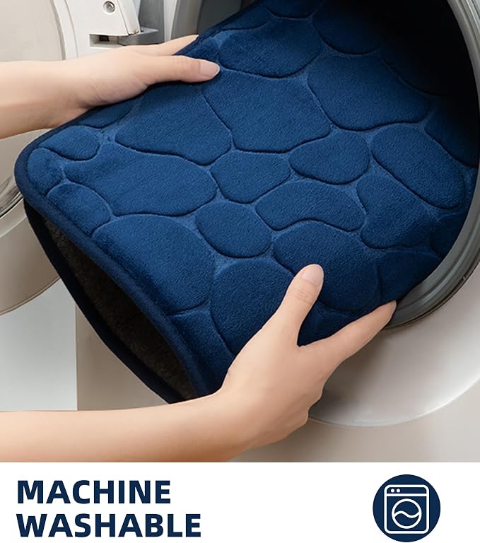 YIHOUSE Memory Foam Bath Mat Cobblestone Bathroom Rugs Super Water Absorbent Bath Mats for Bathroom Machine Washable Bath Rugs(20x32,Dark Blue)