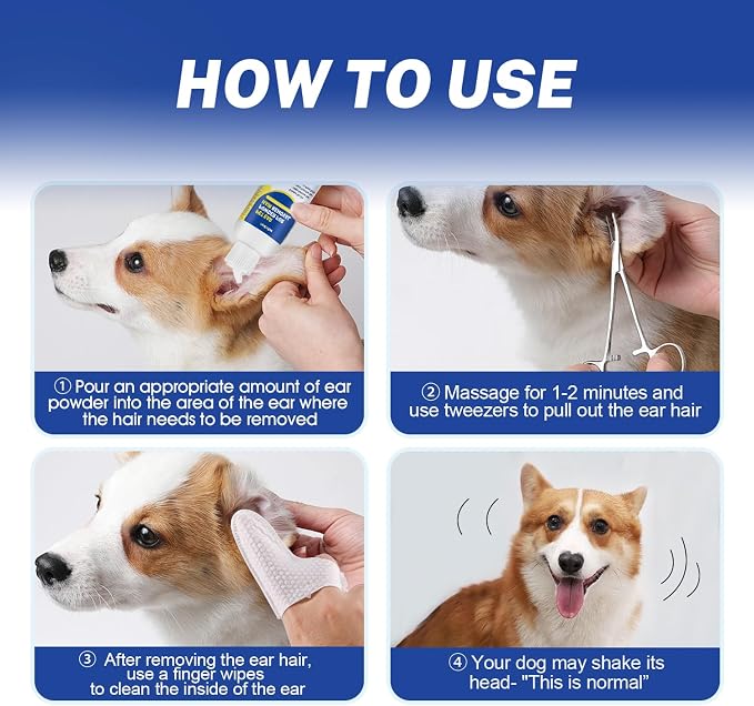 Dog Ear Hair Removal Kit with Ear Powder & 5.5" Curved Locking Forceps – Dog Ear Finger Wipes for Grooming, Helps Remove Excess Ear Hair, Dirt & Moisture, Alcohol-Free Pet Ear Care for Dogs