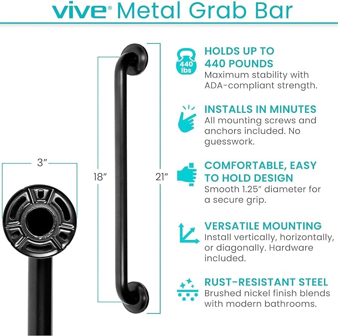 Vive Grab Bar for Showers - Bathroom Antislip Handrail for Seniors, Elderly Assistance Product, Heavy Duty Shower Handles, Handicap Grab Bars, Stainless Steel, Multipurpose, 440 lbs