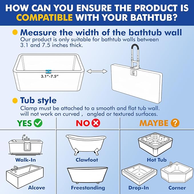 Adjustable Bathtub Safety Bar,Bathroom Grab Bar for Elderly&Seniors,Fall Prevention Assist Handle with Tool-Free Stallation,Knob-Clamp Design,250lbs Capacity,White