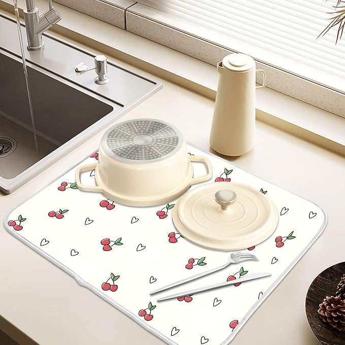 Cute Cherry Heart Pattern Dish Drying Mat, Absorbent Drainer Mats for Kitchen Counter Coffee Maker 18"x16"