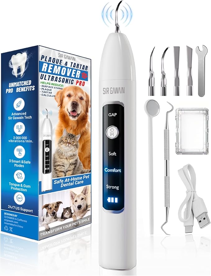 SIRGAWAIN Pet Ultrasonic Dental Cleaner — Plaque, Tartar & Stains Remover, 4 Tips, 3 Modes, LED, Contact-Activated & Smart Touch Protection, Complete Cleaning Kit for Dogs & Cats (White)