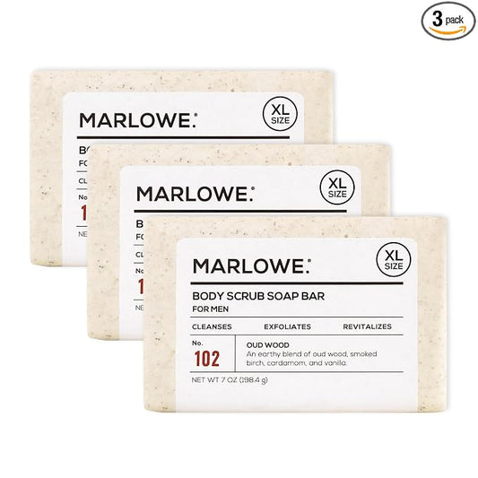 MARLOWE. Body Scrub Soap, Exfoliating Soap Bar, Oud Wood, 7 oz (3 Bars) | Scrub Soap Bar that deeply cleanses and exfoliates while buffing away rough, dry skin. Oud Wood scent.