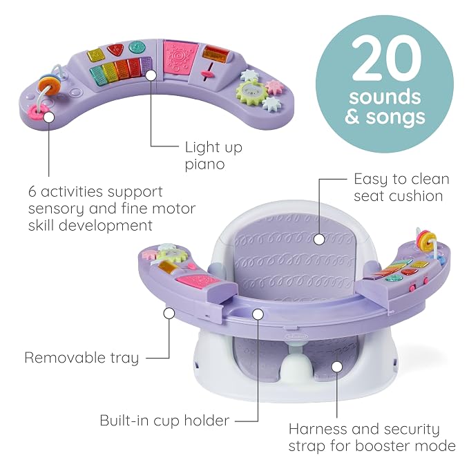 Infantino Music & Lights 3-in-1 Discovery Seat & Booster, Lavender | 20 sounds & songs, Converts from infant seat to booster, Fits dining or kitchen chairs, Includes removable snack tray