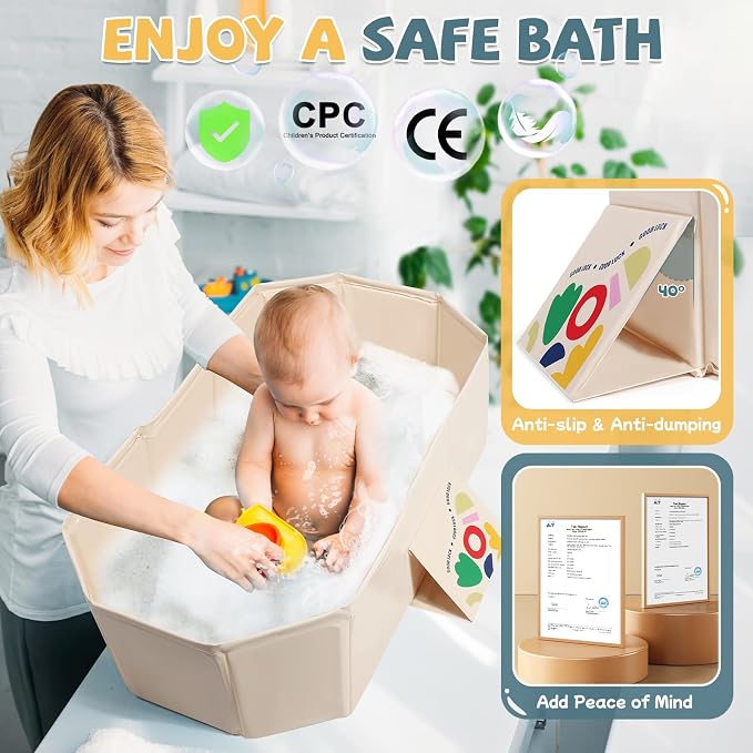 Orzbow Toddler Bathtub, Collapsible Baby Bathtub with Non-Slip Base, Portable Bath Tub for Kids Infant 12 Months+ Travel, Easy to Clean, Stable & Durable, Space-Saving, White