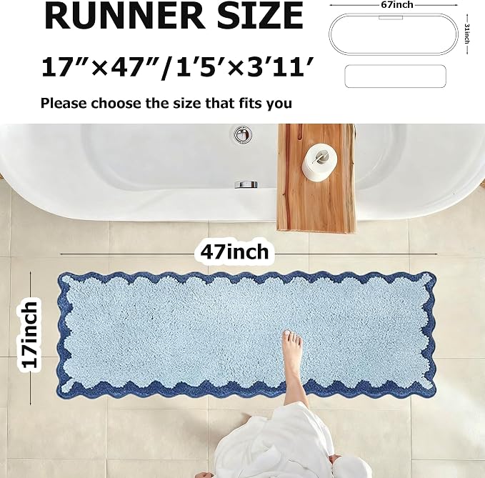 ORTIGIA Long Cute Scalloped Bathroom Rugs Runner, Fun Blue Plush Microfiber Scallop Bath Mats Non Slip Washable Quick Dry Absorbent, Rug Carpet for Bathtub Sink Laundry Room Bedroom, 17x47