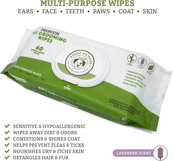 Doggy Do Good - Extra Large Pet Wipes - 60 Count - Lavender Scent - Hypoallergenic Dog Grooming Wipes - Pure Bamboo Natural Plant-Based Deodorizing Bath Wipes for Dogs - Vegan - 1-Pack