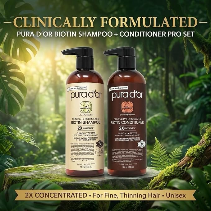 PURA D'OR Clinically Formulated Biotin Shampoo & Hair Regrowth Conditioner For Hair Thinning - 2X Concentrated Proprietary Thickening Blend For Women & Men, Sulfate Free, Botanical Zen Scent,16oz x2