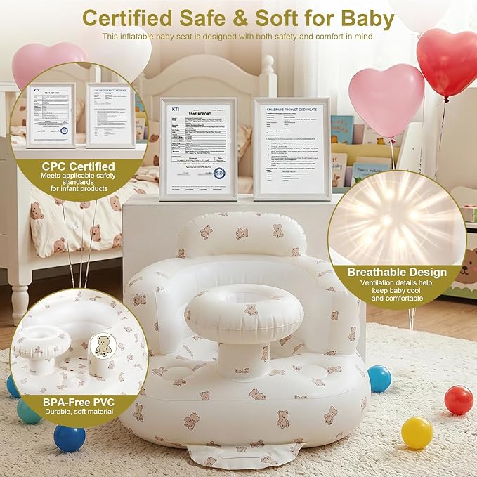 Inflatable Baby Seat for Babies 3-36 Months, Baby Chair with Fence & Built in Air Pump, Blow Up Floor Baby Seat with Back Support, Inflatable Baby Chair Sit Me Up for Home Bear-Tray