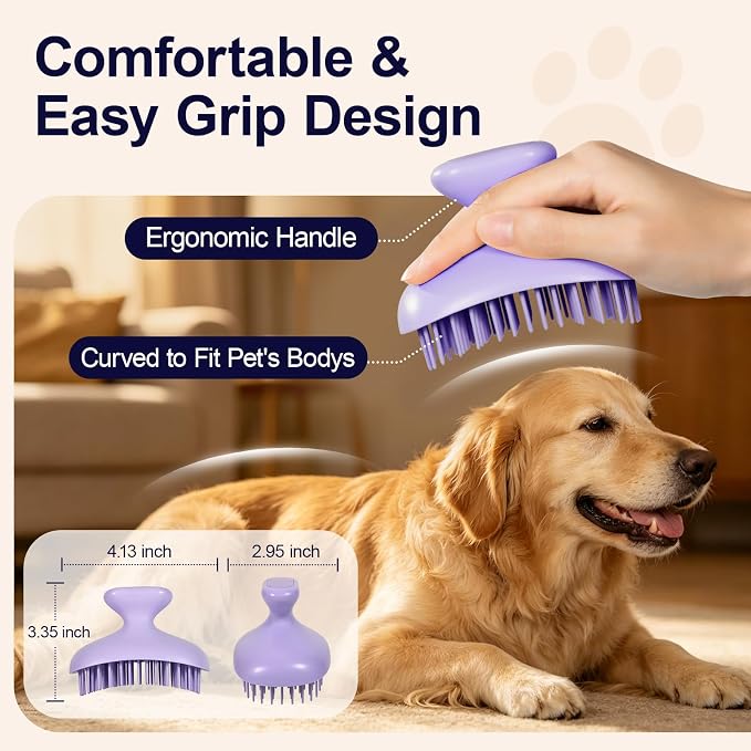 Oleamuo Dog Bath Brush for Grooming & Shedding, Self-Cleaning Pet Scrubber | One-Click Hair Release, Helps Reduce Shedding, For Short & Long-Haired Dogs and Cats, Wet & Dry Use(Purple)