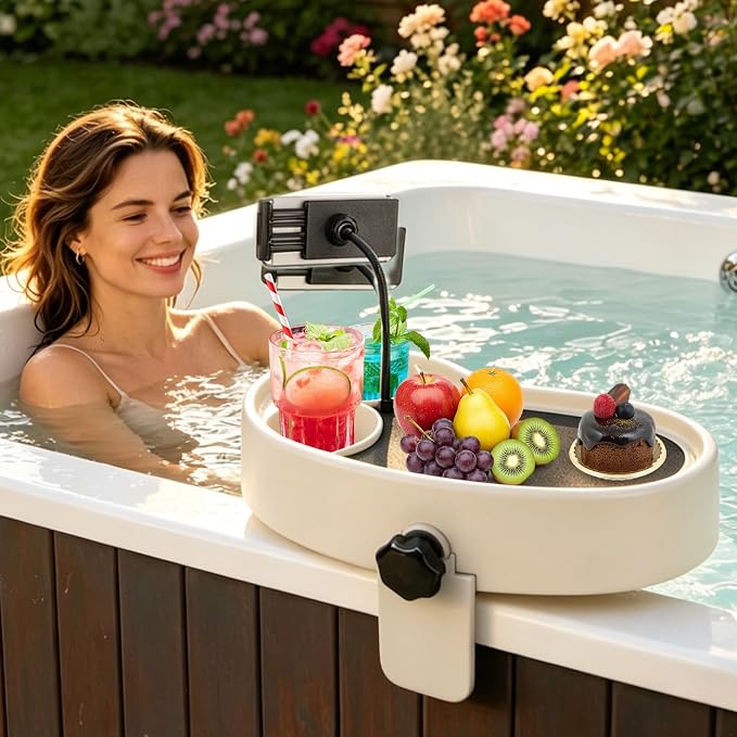 Hot Tub Table Tray with Adjustable Phone Holder, Nonslip Bathtub Table Tray Between 2.4-7.4" Hot Tub Accessories for Adults with 2 Cup Holders, Clip-on Pool Side Table for Above Ground Bathtub (Beige)