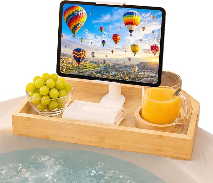 Vespara Bamboo Hot Tub Table with Adjustable Phone Holder, Non Slip Hot Tub Table Spa Gift for Women, Bathtub Canddy Tray with Wine Glass Holder for Luxury Bathtub Bathroom Accessories (Natural)