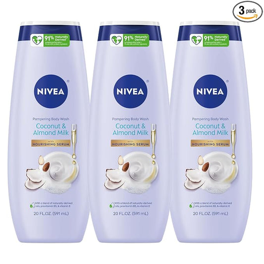 NIVEA Pampering Coconut and Almond Milk Body Wash with Nourishing Serum, Moisturizing Body Wash for Women, Enriched with Provitamin B5 and Vitamin E, 20 Fl Oz Bottle, Pack of 3