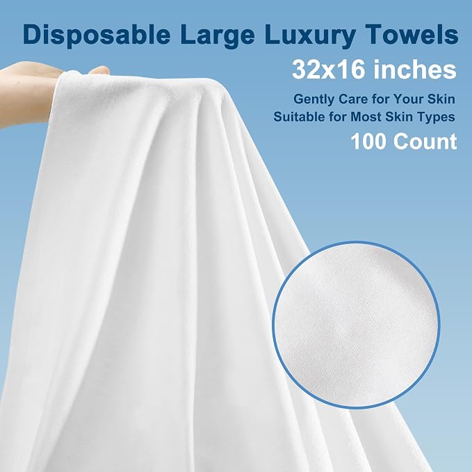 Disposable Towels 100 Count, 32"x16" Ultra Absorbent & Soft Disposable Body Towels, Single-Use Cleaning Towels, Suitable for Home, Salon, Travel, Comping, Gym, Pet, Bulk Towel