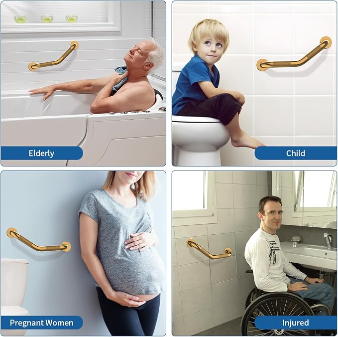 16 Inch Munzong Shower Grab Bars for Seniors, Gold Angled Anti Slip Grab Bars for Bathtubs and Showers Safety Hand Rail Support Handicap Elderly Injury Senior Assist Bath Handle