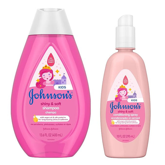 Bundle of Johnson's Kids Shiny & Soft Tear-Free Kids' Shampoo with Argan Oil & Silk Proteins, Hypoallergenic, Sulfate-Free, 13.6 fl. oz + Conditioning Spray for Toddler Haircare, 10 fl. oz