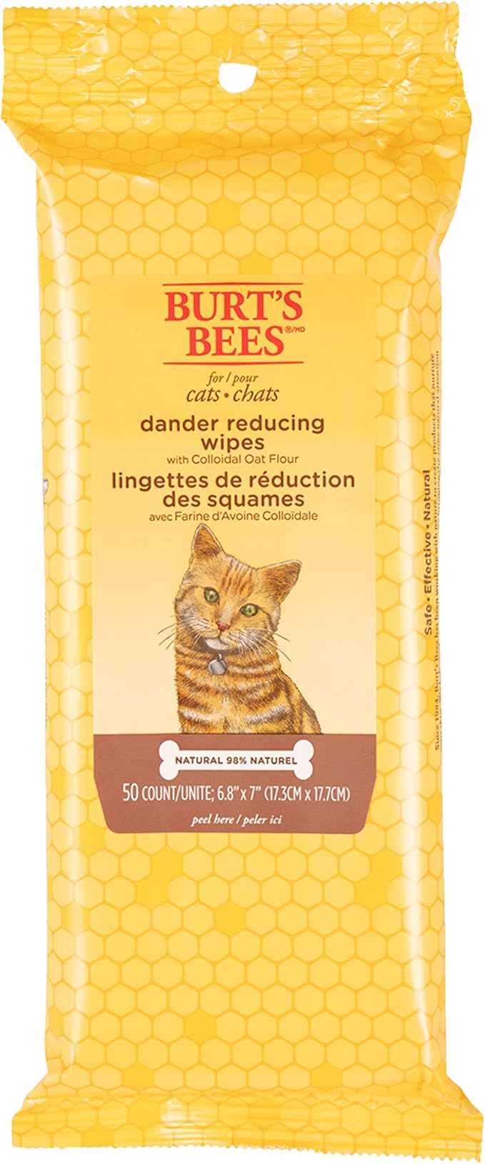 Burt's Bees for Pets Cat Dander Remover Wipes, Colloidal Oat Flour and Aloe to Soothe Dry Skin and Reduce Flaking, Unscented Grooming Cloths for Cats and Kittens, 50 Count - 3 Pack