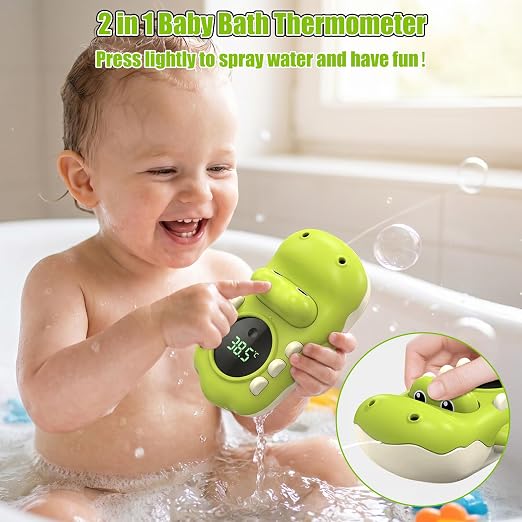 Baby Bath Thermometer - Alligator Shaped Digital Floating Water Thermometer with LED Display & Water Spray Gift for Infants Newborns Toddlers, Waterproof Bath Tub Sensor with Color Alerts