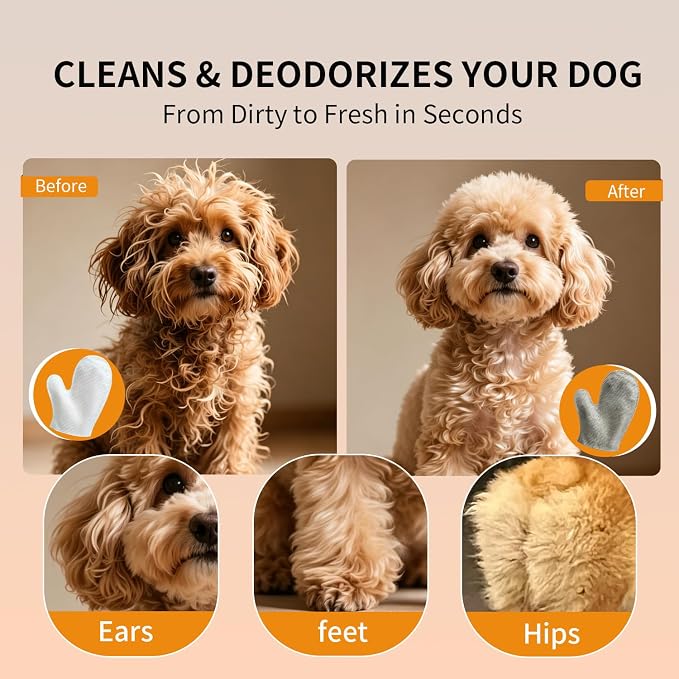 Cleaning Glove Wipes for Dogs & Cats, Hypoallergenic Nourish Fur Pet Grooming Glove Wipes, Pet Rinse Bathing Wipes, Deodorizing & Hypoallergenic Pet Cleaning Gloves for Grooming, Paws, & Body
