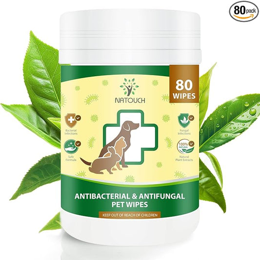 Antifungal and Antibacterial Wipes for Dogs & Cats, Dog Yeast Infection Treatment Wipes, All Natural Grooming Wipes for Cleaning, Help with Hot Spots, Ringworm, and Skin Infections, 80 Count