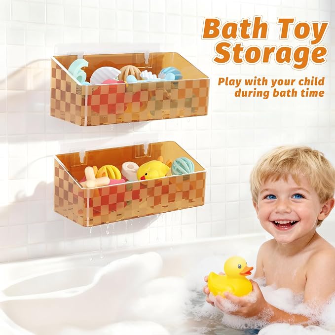 2 Pack Bath Toy Storage Holder, Large Capacity Bath Toy Organizer for Tub | Holder for Bathroom, Bedroom & Kitchen, Organize Shower Toy, Shampoo, Bath & Kitchen Items, ABS Quick-Dry, Sheer Gray, Brown