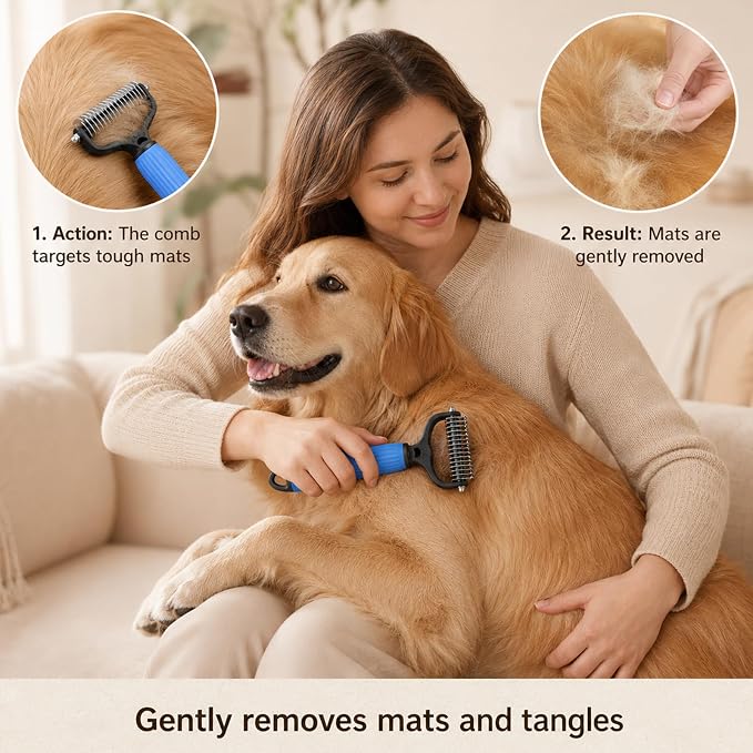 Double Sided Dematting Comb for Cats & Dogs, Undercoat Rake, Pet Grooming Brush for Long Hair, Deshedding Dog Brush Removes Tangles Knots and Loose Fur, Grooming Tool for Thick Coats (2PCS-A)