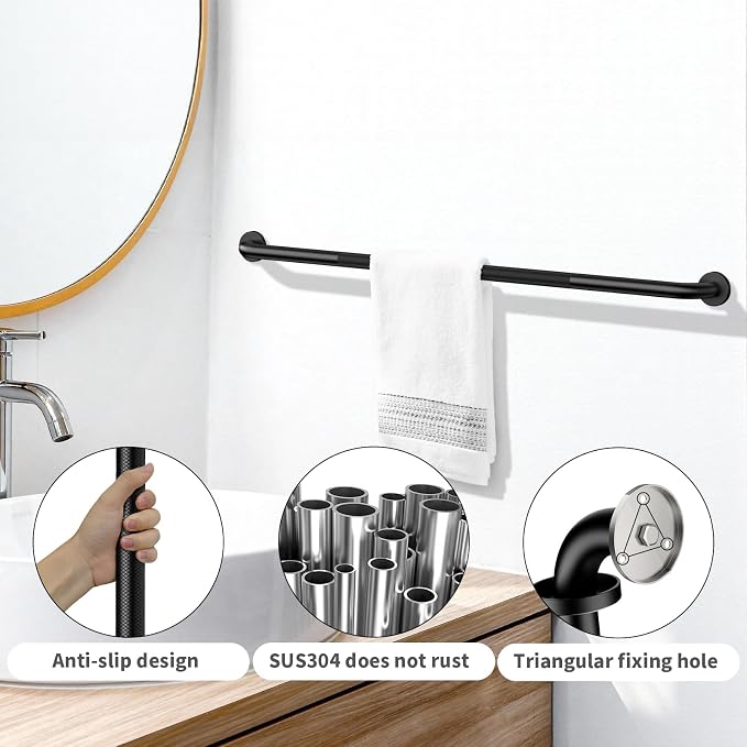 2 Pack 48 Inch Anti Slip Shower Grab Bar Handles, ZUEXT Black Stainless Steel Knurled Bathroom Balance Bar, Safety Hand Rail Support,Handicap Elderly Injury Senior Assist Bath Handle(1.25" Diameter)