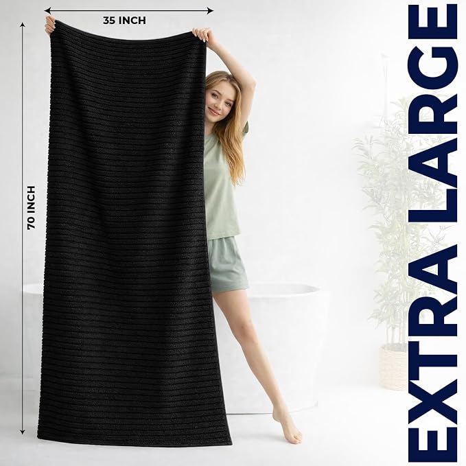 DAN RIVER Pack of 2 Bath Sheet 35x70 Inches, Ribbed Oversized Black Bath Towels, Fluffy and Thick Extra Large Bath Sheets