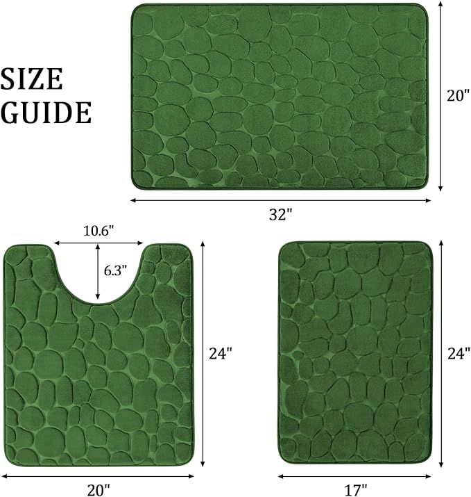 YIHOUSE Bathroom Rugs Mat Set, Memory Foam Bath Mat 3 Piece Green | U Shape+Small Mat, Non Slip, Water Absorbent, Washable, Bath Mat For Bathroom, Sink and Toilet