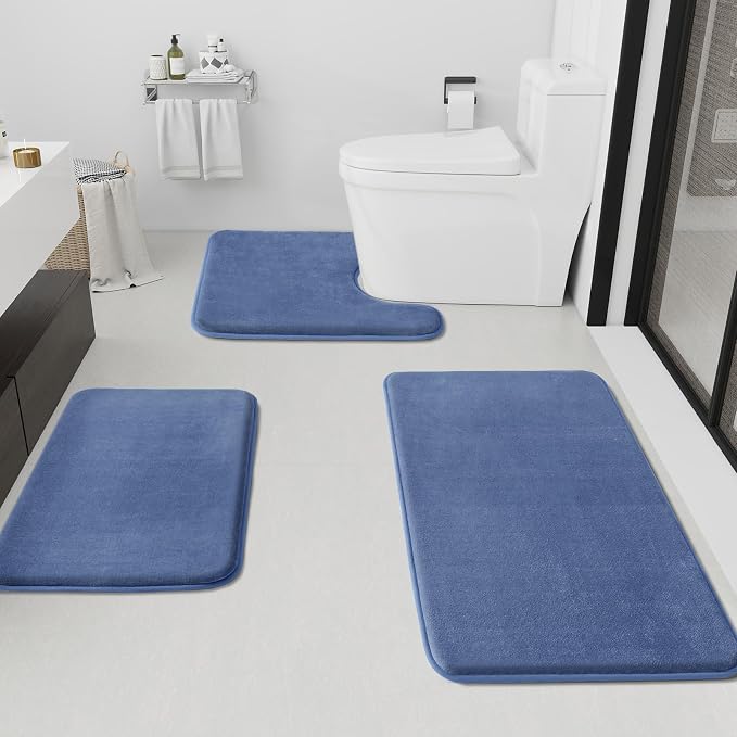 HUXMEYSON Bathroom Rugs Sets 3 Piece, Non-Slip & Quick Dry Bath Mat Set, Ultra Soft Velvet Bath Rugs for Bathroom, Toilet and Shower Floor, Dusty Blue