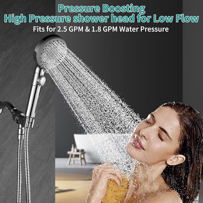 Handheld Shower Head with 79" Extra Long Hose 7 Modes High Pressure Shower Head with On Off Switch Button and Powerful Wash Modes for Pets Bath, Chrome