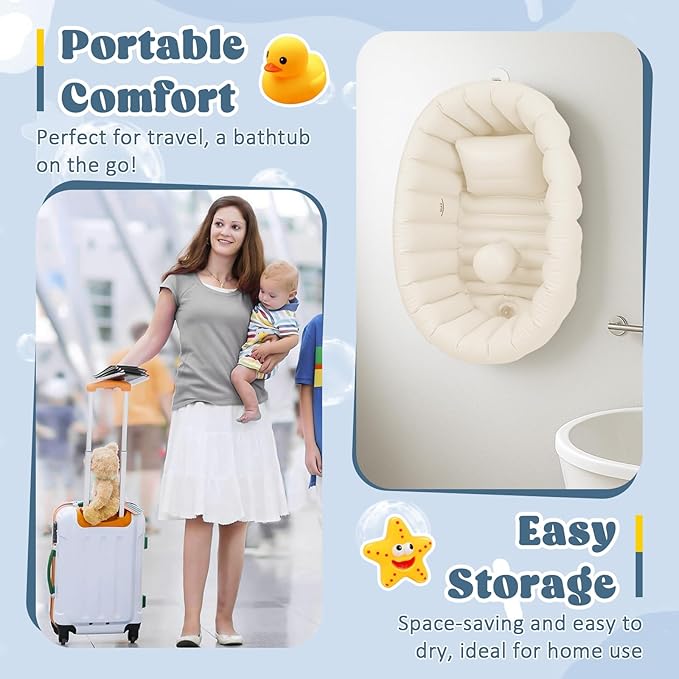 Inflatable Baby Bathtub, Collapsible Baby Bath Back Support, Portable Newborn Travel Bath tub with Drain Hole, Foldable Baby Bath Tubs for Infant to Toddler 0-24 Months (White)
