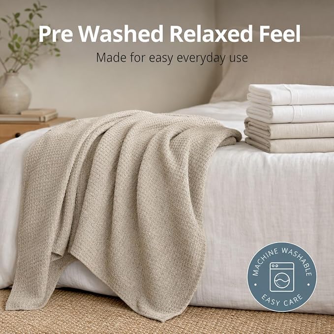 Pure 100% Flax Linen Blanket – 50x60-inch Linen Throw Blanket Waffle Weave – Breathable Cooling Blanket – Versatile Beach Blanket – Pre-Washed Lightweight European Flax