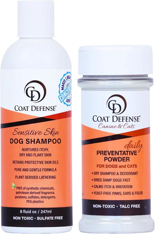 COAT DEFENSE Paw Licker Bundle | Daily Preventative Powder & Shampoo for Allergies and Itching | Yeast Infection Treatment for Dogs | Dog Shampoo Itchy Skin Relief | Dry Shampoo Yeast Powder for Dogs
