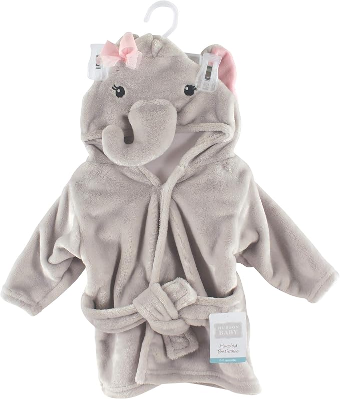 Hudson Baby Unisex Baby Plush Animal Face Bathrobe, Pretty Elephant, 0-9 Months