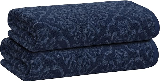 2 Pack Damask Hand Towel, Bath Towel, and Bath Sheet Towel, 100% Cotton Yarn Dyed, Lux Drying Experience, Great for Hands and Body, Perfect for Spa & Home Use (Navy, Bath Towel)