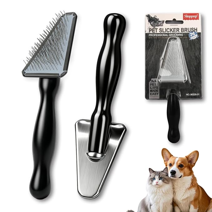 Triangle Pet Slicker Brush for Dogs&Cats Eyes&Face Grooming | 12mm Stainless Steel Pins,Solid Wood Handle,Small Dog Slicker Brush Grooming Tool,Effectively Grooms Hair on Delicate Areas