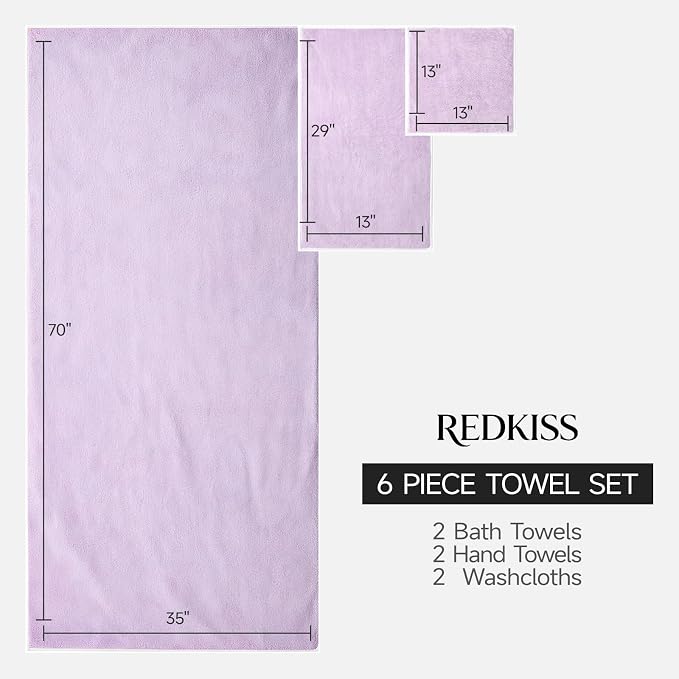REDKISS Pack of 6 Towel Set - 2 Extra Large Bath, 2 Hand, 2 Washcloths, Ultra Soft & Highly Absorbent, Quicker to Dry, Purple Towels for Bathroom, Spa, Hotel, Gym