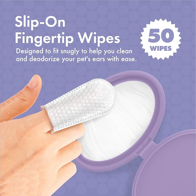 Petkin Fingertip Ear Wipes for Dogs and Cats, 50 Finger Wipes - Slip-On, Snug Fit, Micro-Bristle Fabric - Cleans Ears, Dirt, Odor and Wax - Convenient, Ideal for Home and Travel - Fresh Scent