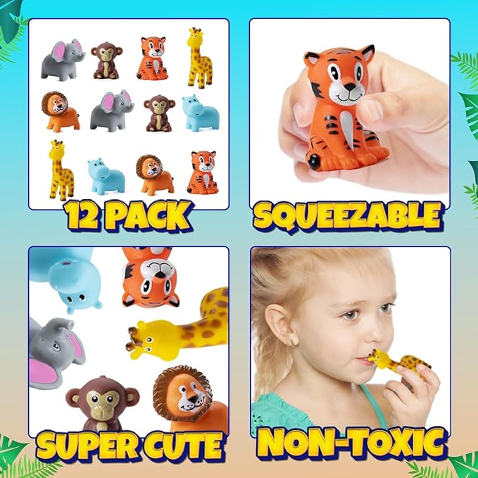 Mini Zoo Animals Bath Toys - (Pack of 12) Vinyl Rubber Jungle Safari Animal Figures, Squeezable Bath Tub Toys for Kids, Baby Shower, Birthday Party Supplies, Favors, Cake Decor, Table Decorations