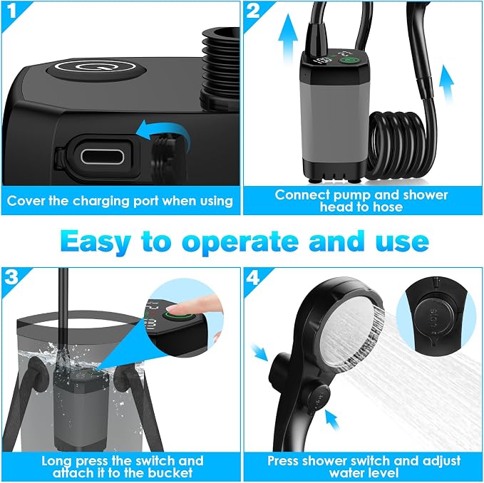 Cosy Life Portable Shower, Portable Shower for Camping with 5 Gallon Collapsible Bucket, 6000mAH Camping Shower with Smart LED Display, Multiple Spray Patterns for Outdoor Camping, Hiking, Pet Bathing