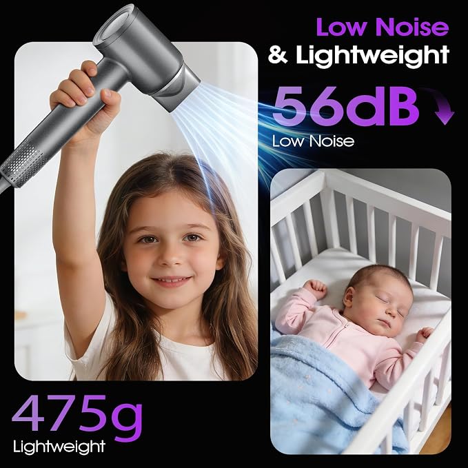 High-Speed Hair Dryer, 160,000 RPM Brushless Motor Blow Dryer with Magnetic Diffuser & Concentrator, Ionic Fast Drying, No Heat Damage, Low Noise Lightweight Hairdryer for Curly Hair, Home Travel
