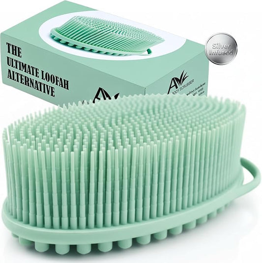 Avilana Silicone Body Scrubber for Shower – SGS Certified Food Grade Dual Sided Bath Brush, Gentle Exfoliating Silicone Loofah Alternative, Sensitive Skin Body Brush (Green-Silver, Massage)