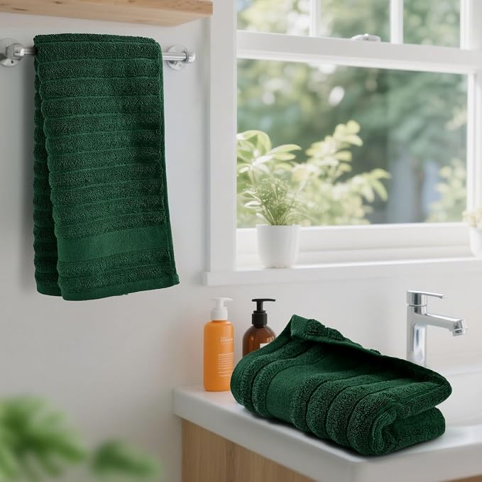 Jacquotha 4-Pack Hand Towels (Forest Green) Ribbed – Kitchen & Bathroom Premium Cotton Towels 13” x 29”, Soft and Quick Drying 480 GSM