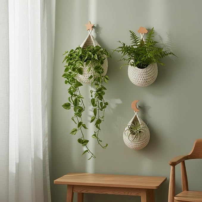 3-Pack Hanging Wall Baskets w/ Decorative Hooks, Cotton Rope Storage for Nursery & Kids Room, Kitchen & Bath, Wall Organizer for Toys, Stuffed Animals, Fruit & Accessories